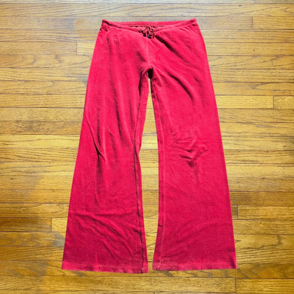 Juicy Couture Red Velour Track Pants Y2K Flare Low Rise Drawstring Pockets